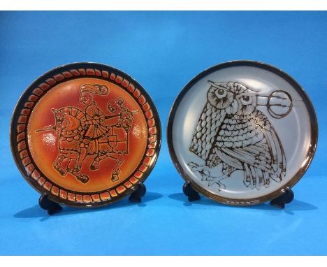 A Poole pottery charger by Diana Davis, 'Jouster' and another of an 'Owl' (2), 32cm diameter
