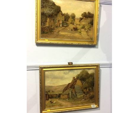 R. W. Bates, pair, oil on canvas, signed, 'Rural Village scenes', 29 x 39cm