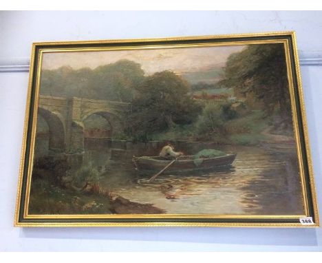 R. W. Bates, oil on canvas, signed, 'Riverscape with rowing boat', 50 x 75cm