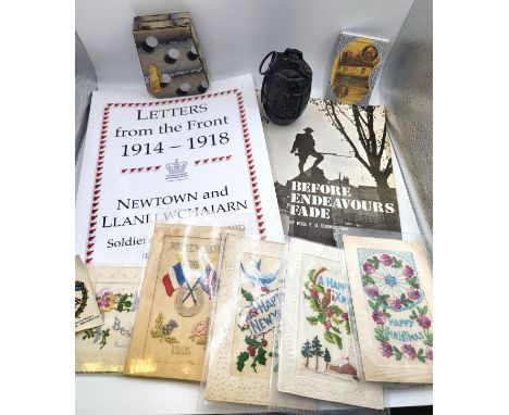 WW1 Hand Grenade, Model No. 5 MK 1(10-16), five WW1 embroidered postcards (three containing personal messages), a pack of ant