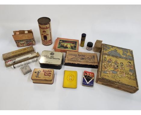 A collection of vintage items including Iodex ointment, shoe studs war time pack, Battle's handy marking stick, Toffie empty 