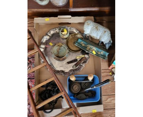 An eclectic mix including a silver plate salver, door stop, kitchen weights and utensild, an onyx lighter and ashtray, a mini