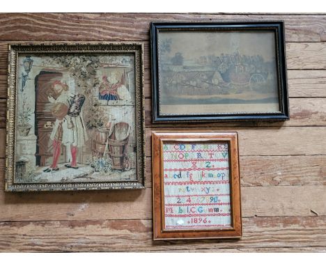 William IV style tapestry 43cm x 40cm. A Victorian 'Alphabet & Numerical' sampler  32cm x 26cm and framed art work of passeng