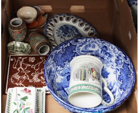 A box of ceramics, including a George Jones 'Abbey 1790' bowl, Adams 'Cries of London' tankard and other ceramic items 