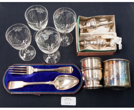A mixed pair of Georgian spoon and fork, circa 1820 silver, silver Christening cup dated dated 1955, plated condiment set and