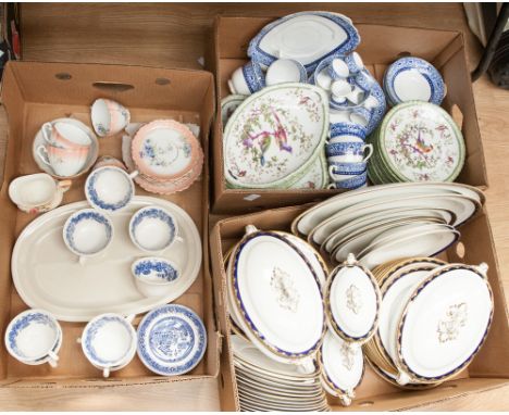 Three boxes of ceramics to include Coronation plate, Booths dinner service, blue and white and other tea and dinner wares 