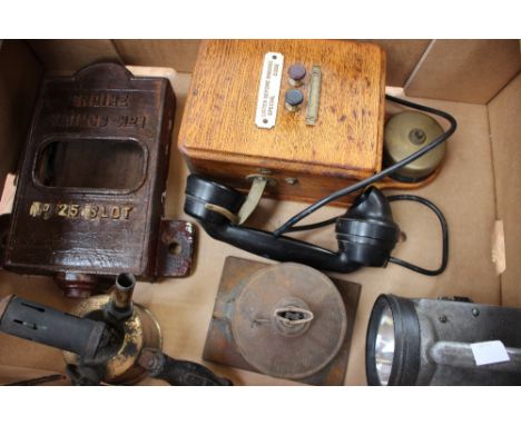 A railway telephone, cast metal engine sidings No. 1 No. 25 slot box, two headlamp's 