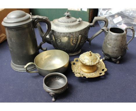 An EPBM teapot, an Elkington plate Quaich, a EPBM milk jug, an 1857 scratch four oars pewter tankard with lid, a EPBM salt an