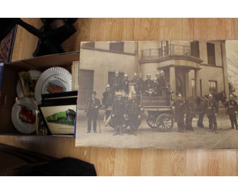 Stoke upon Trent vintage Fire Service sepia tint print of horse drawn engine and fireman, circa 1880, three Commemorative pla