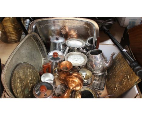 A box of assorted metalware, comprising various trays, part tea service, copper ware, etc