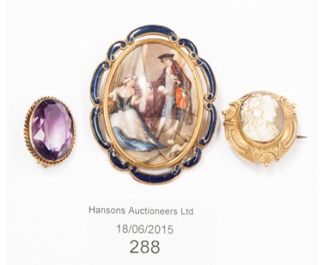 Two 19th Century brooches (amethyst and cameo) unmarked yellow gold surround; together with a yellow metal and enamel porcela