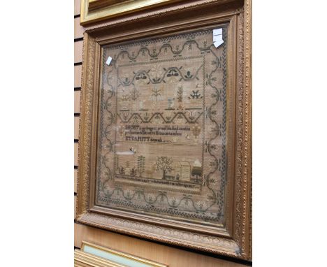 An early 19th Century needlework sampler, linen ground embroidered with silks, floral border, the centre with flowers, animal