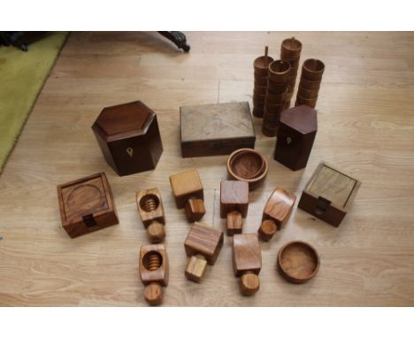 A box of treen including tea caddy with ivorine escutcheon, etc 