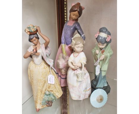 Lladro, figures to include stoneware Slipware matt glaze (2) a Geisha girl and a Nao figure of a young Spanish girl (4) 