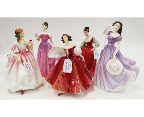 Five Royal Doulton figures comprising 'Tender Moments', HN 3303, 'Pretty Ladies First Waltz', HN 5093, 'Fair Lady' HN 2832, '