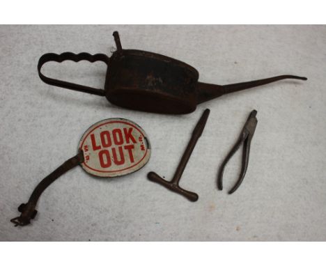 A railway mans oil can, carriage door lock handle, ticket punch and Midland Railway look out arm badge 