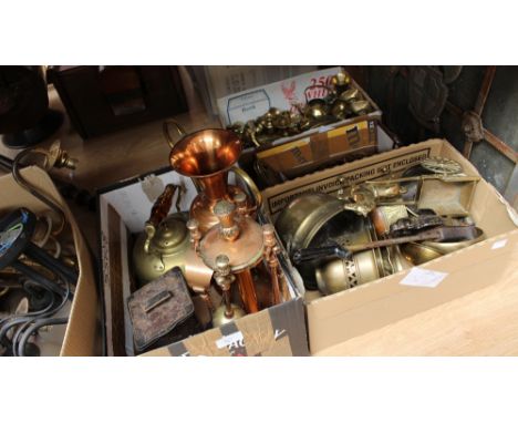 Four boxes of mixed brass, including horse brasses, kettle, ornaments and early tinplate tea caddy 