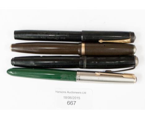 A Parker Prefect Fountain Pen No 81 (black casing) 14 k nib. A Parker Duofold Fountain pen (brown casing) 14k nib. A Parker 5