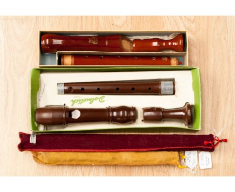 A collection of recorders including Dolmetsch trebble, Schotts 'rosewood' recorder, Fife and Soprano recorder 