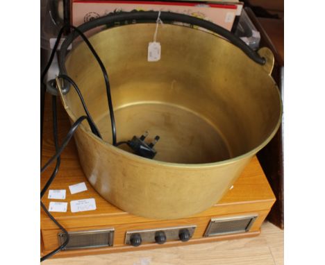 A brass jam pan with iron swing handle, diameter 33 cm approx; together with a Steepletone 'Norwich 2' model record player an