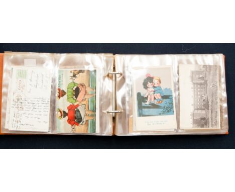A postcard album containing a collection of assorted embroidered First World War cards, various others, some 1950s, etc Donal