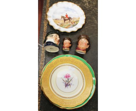 A hand painted Hunting scene, Royal Crown Derby signed J. Scott, a pair of Hammersley cabinet plates and a Royal Swansea cabi