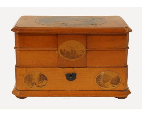 A Victorian Mauchlinware trinket box with multiple layers 