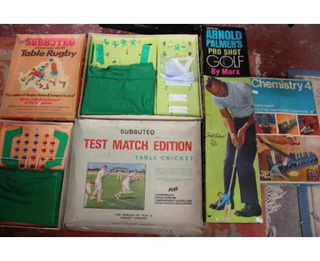 Subbuteo table Cricket Test Match edition, boxed (af) table Rugby International edition (one ball missing and one player) box