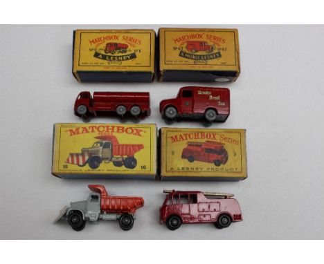 Matchbox series Lesney boxed vehicles 9 Fire Engine, 11 Esso tanker, 16 Snow Plough and 47 Brooke Bond van 