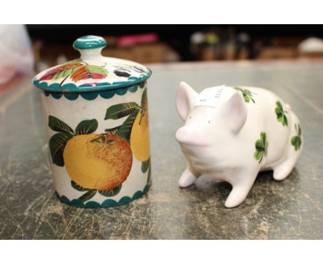 A Wemyss jam pot and cover (af) with a G. Hill pottery Wemyss Pig (2) 