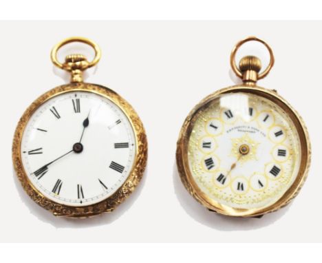 A 9ct gold cased Edwardian pocket/fob watch ladies, with gilding on enamel dial (af) together with a rolled gold ladies 1920s