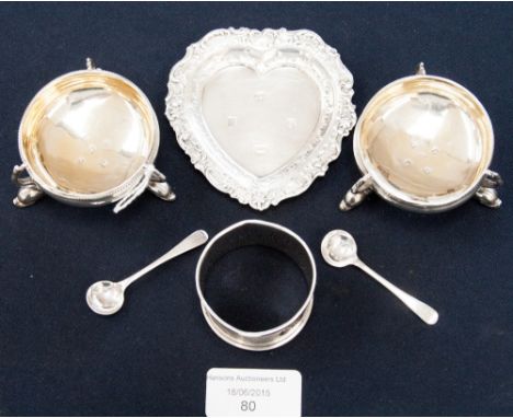 A pair of Victorian silver salts, with later silver spoons, a ladies silver trinket dish and napkin ring (6) 