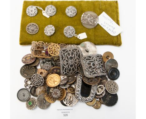A collection of buttons and buckles, including cut steel, pewter, enamel, etc 