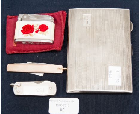 A silver Birmingham 1941 cigarette case, inscribed, weight 5.5 ozt approx; a penknife with 9ct link and rose gold engine turn