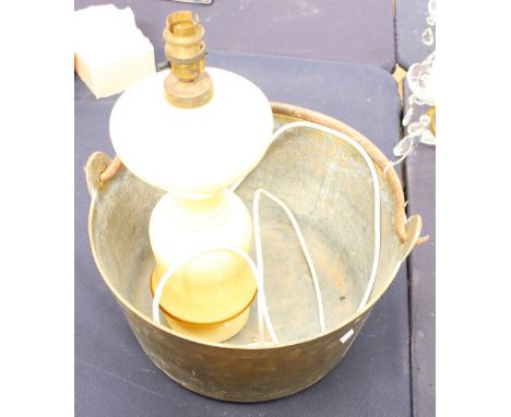 A large brass jam pan and a Primrose yellow lamp base in glass 