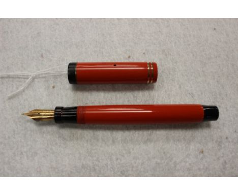 Parker Duofold orange flat top fountain pen, clear imprint 1931 Red Permanite with 1931 Q2 date code, fine nib with comb feed