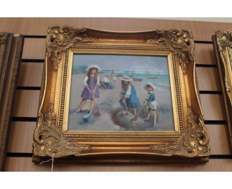 Palmer, Margaret, an Edwardian oil on board depicting girls playing on a beach, with a pier in the background, signed to lowe