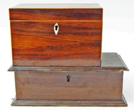 A Victorian mahogany and brass bound writing box; together with a George III mahogany tea caddy and a small Victorian box (3)