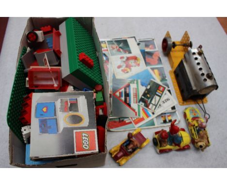 Corgi toys Basil Brush car, Magic Roundabout and Noddy cars, a box of Lego and Meccano steam engine 