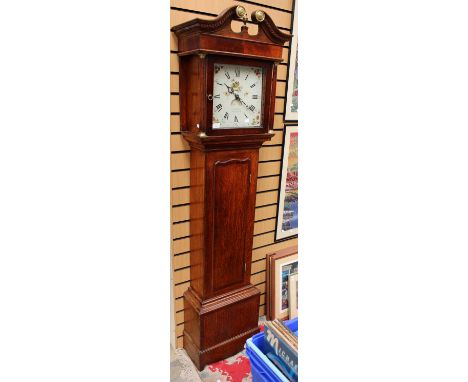 Early 19th Century oak and mahogany longcase clock with enamelled dial, Roman and Arabic numerals with floral face, date arch