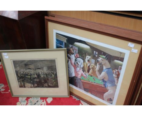 A set of four colour prints of animals playing snooker; together with another print of people playing pool in a French cafe (