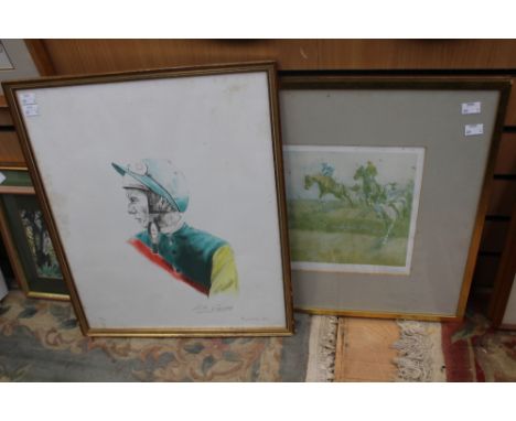 A limited edition of Lester Piggot, side profile head and shoulders portrait, No. 110/150, signed by Lester Piggot and indist