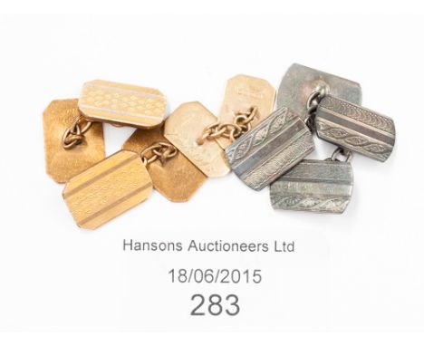 A pair of silver cufflinks, a pair of gold framed cufflinks (10ct) and one 9ct gold cufflink 