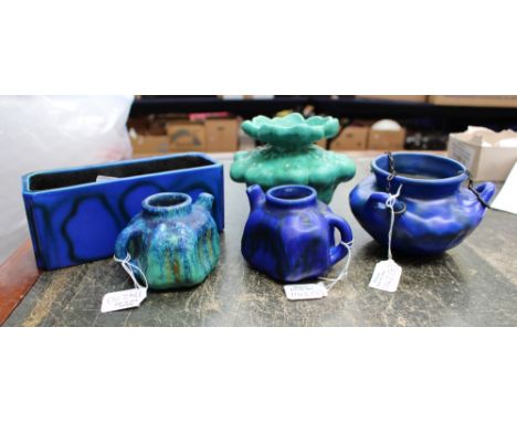 Bretby Art Ware pottery, electric blue/black trough 2156A teapot planter, same colour, hanging basket bowl and a blue/green t