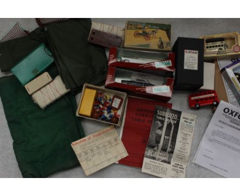 A box of mixed toys, vintage Subbuteo table soccer, Britain's Horse Rake with driver 8F (boxed) Vitesse and Days Gone diecast