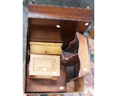 A box of wooden boxes including an empty oak cutlery canteen, an oak two division cutlery tray, Victorian rosewood trinket bo