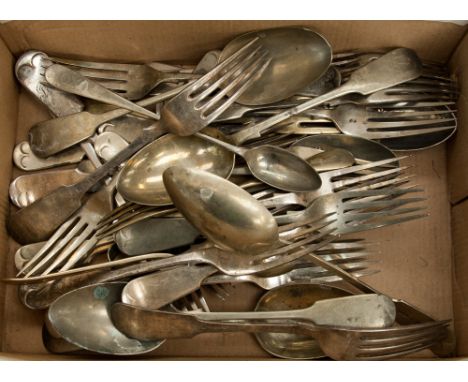 A box containing a collection of silver plate flatware, mostly 19th Century 