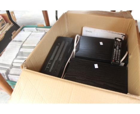 A Denon CD player, RCD-M38, complete with two speakers and Owner's Manual, together with a large collection of 96 CDs, mostly