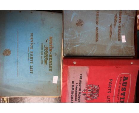 An Austin Healey 100 factory parts list, 100/6 BN4 and BN6 and 3000 factory workshop manual and factory parts list for 3000 B