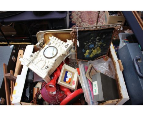 A box of assorted items, comprising a pair of wooden candlestick heart shaped pin cushions, trays, table screen, cameras, min